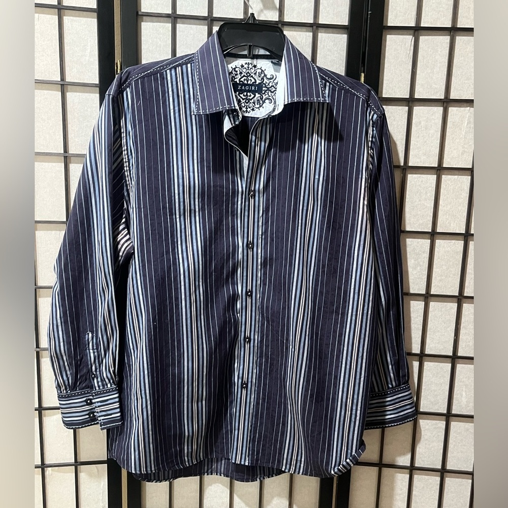 Zagiri BLUE STRIPE Damask Print TOP STITCH LONG SLEEVE MENS SHIRT SIZE XXL